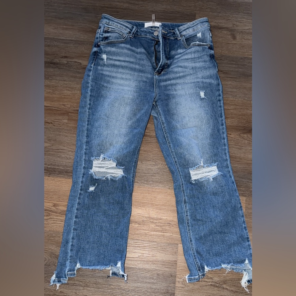 Classic Blue Distressed Straight Leg Jeans